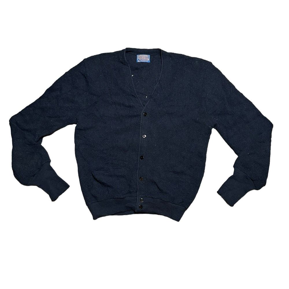Vintage Pendleton Made‎ In USA Wool Knit Cardigan Sweater XL Navy Blue FLAWED